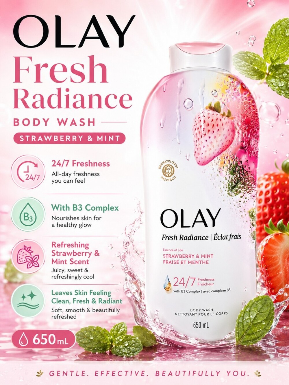 💙 OLAY Fresh Radiance Strawberry & Mint Body Wash